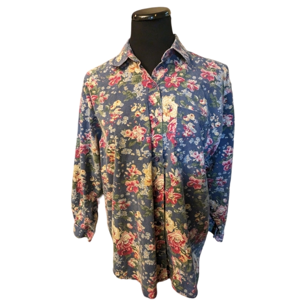 Vintage Floral 100% Cotton Duck Lightweight Button Up Long Sleeved Shirt Size L